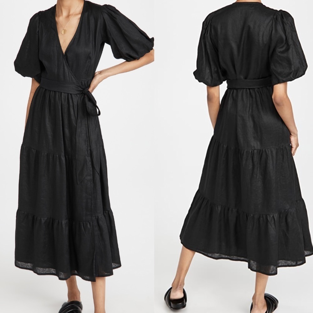 FAITHFULL the brand NWT black linen wrap puff sleeves maxi dress 2